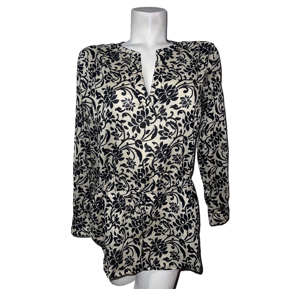 Lauren Ralph Lauren Floral Damask Tunic Top Black Cream Cotton Roll Tab Medium